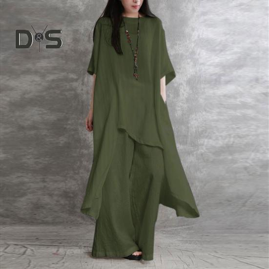 2Pcs/Set Cotton Linen Tops Pants Set O-neck Half Sleeve Irregular Hem Tops High Waist Long Pants Set Solid Color Casual Outfit