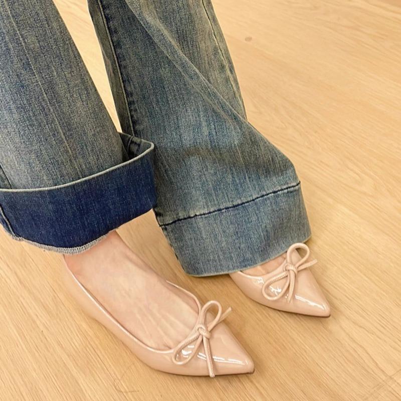 Fashion Heightened Inside Patent Leather Flat Single Shoes for Women New Pointed Toe Shallow Bow Soft Sole Shoes for Women