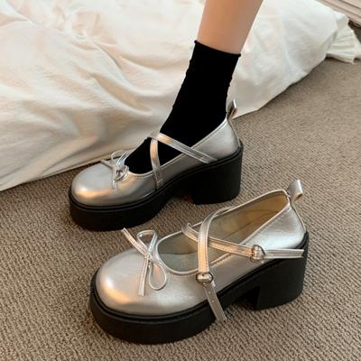 Женская обувь на распродаже Высококачественные туфли-лодочки с пряжкой Осенние туфли Мэри Джейн с круглым носком и бантом Однотонные платья Массивные каблуки Туфли с мелким вырезом