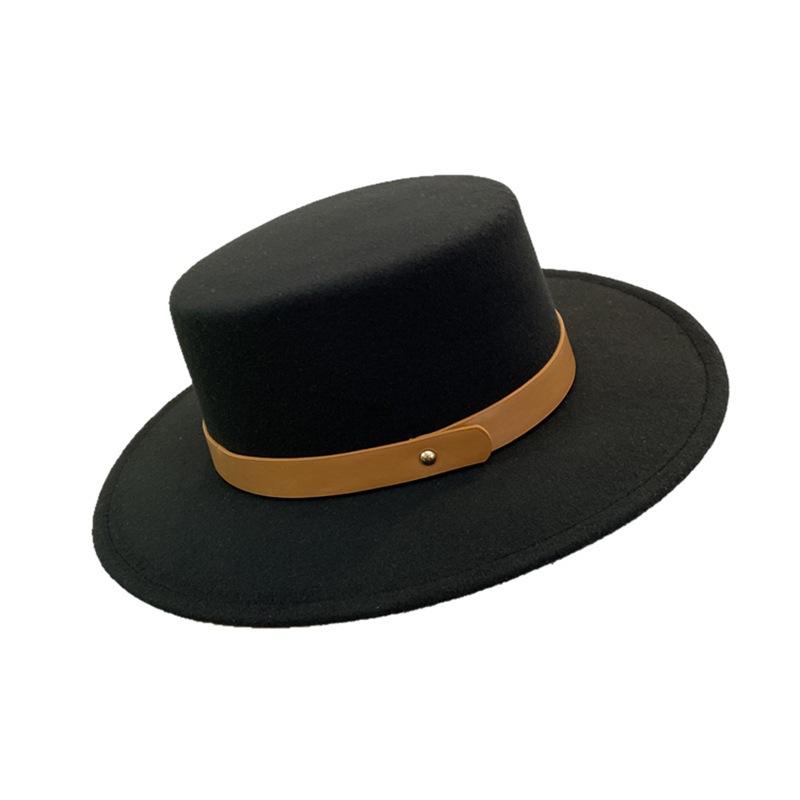 Autumn and winter fashion versatile elegant woolen top hat women's British retro street belt buckle flat top hat black jazz hat