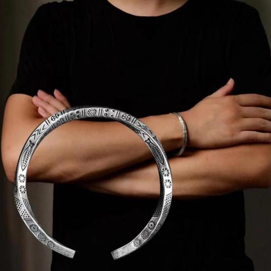 Men Bracelet Opening Adjustable Silver Color Twist Boho Wrist Decoration Easy To Wear Fish Letter Curved Sleeve Bracelet Men Jewelry