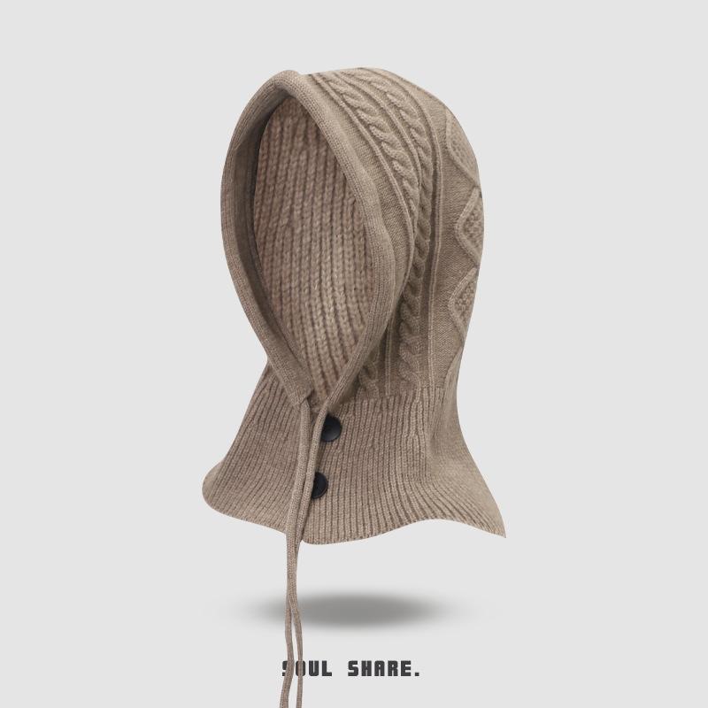 Wool Knitted Balaclava with Neck Scarf Integrated Hat Gloves Autumn and Winter Neck Protection Fashionable Red