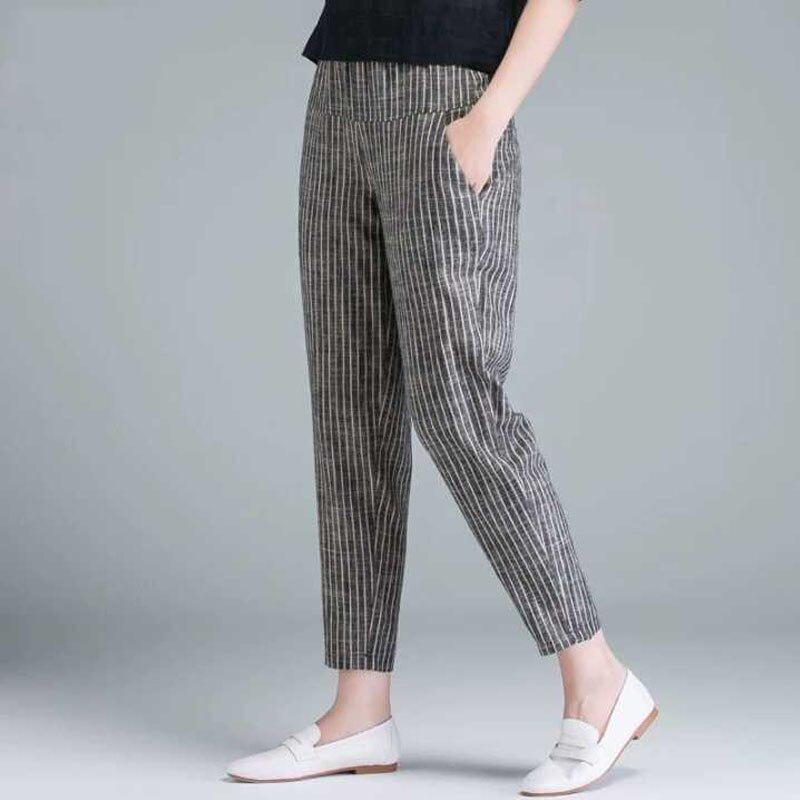 Casual Loose Women Pants Striped Cotton Linen Women Trousers Plus Size Korea Fashion High Waist Pencil Pants 10299
