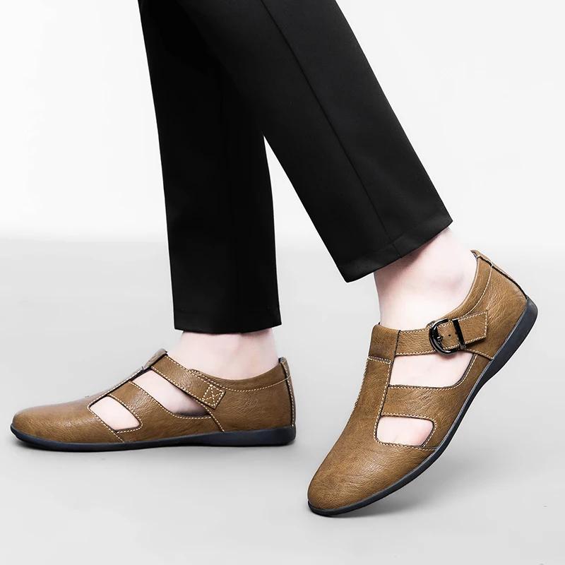 Men's Genuine Leather Hollow Out Sandals Breathable Summer Casual Footwear