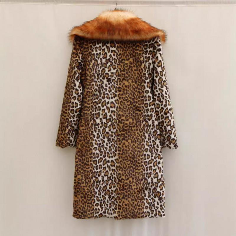 Womens Mid-Length Faux Fur Coat Leopard Print Notched Lapel Warm Winter Outerwear