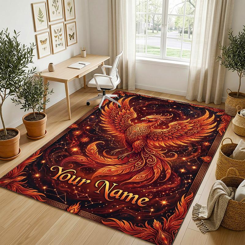 Dragon Phoenix Theme Crystal Velvet Rug Personalized Custom Name Text Soft Floor Mat Home Decor