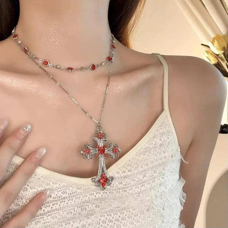 Двухслойное Серебряное Готическое Ожерелье-Крест для Женщин Готические Украшения Ожерелье-Заявление Красный Камень Подвеска-Крест Чокер Подарки