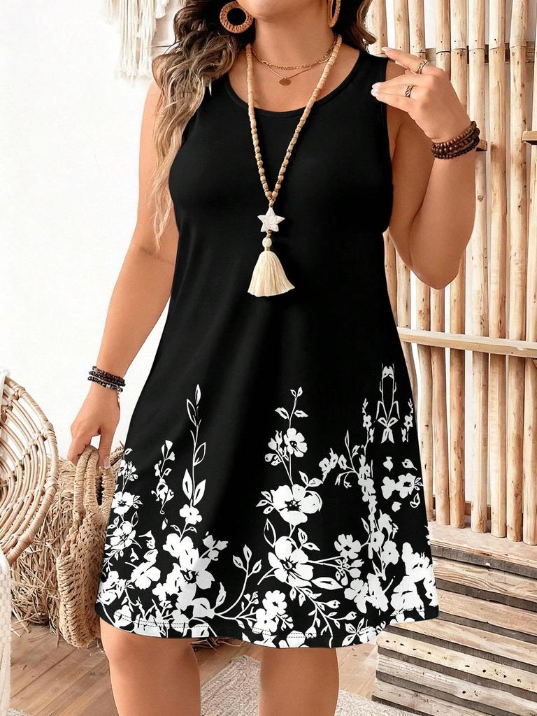 Европейское и американское женское элегантное платье-миди без рукавов с цветочным принтом, доступны большие размеры