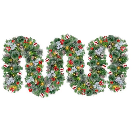 9 FT Christmas Garland with Lights 50 LED Lights 8 Modes Lighted Artificial Pine Garland with Pine Cones Red Berries for Mantel Fireplace Indoor