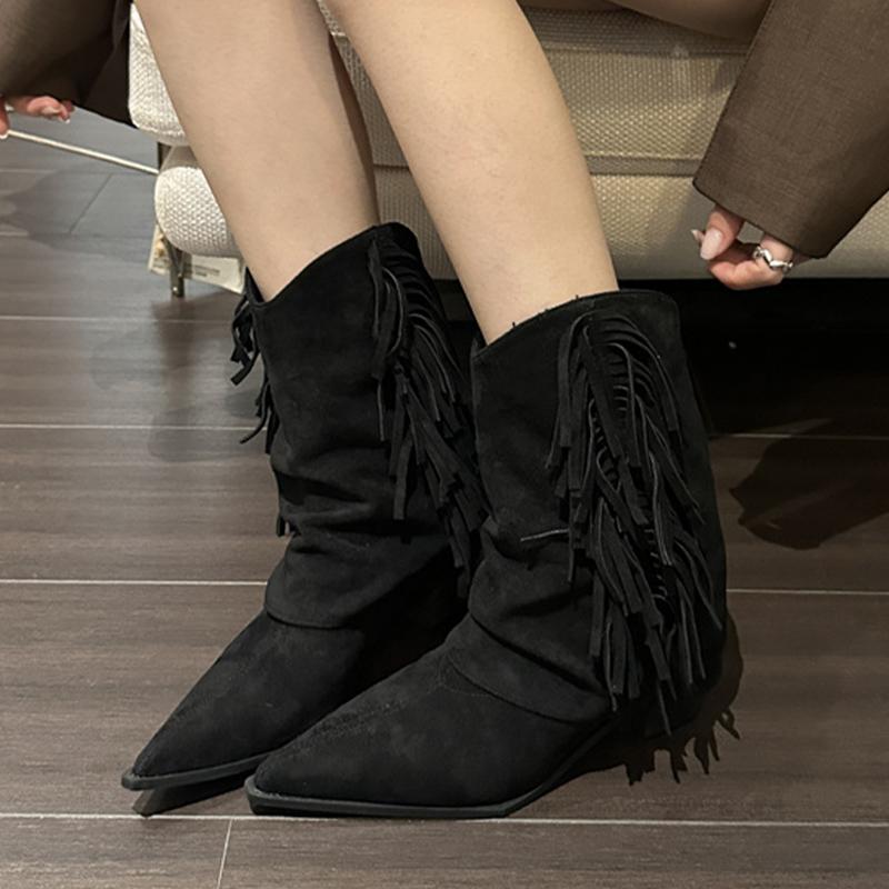 Tassels Suede Mid-calf Women Chelsea Boots Retro Pointed Toe Mid Heels Winter Shoes New Designer Shoes 2024 Gladiator Chaussures