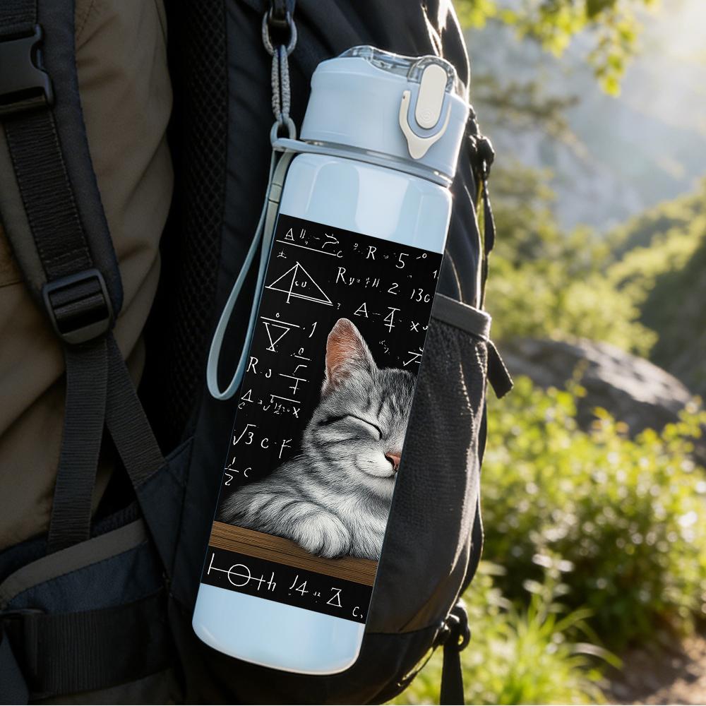 1PC Grey Cat Blackboard Scene 750ml Color Plastic Sports Water Bottle Leakproof Flip Straw Lid For Sports Office Home Use