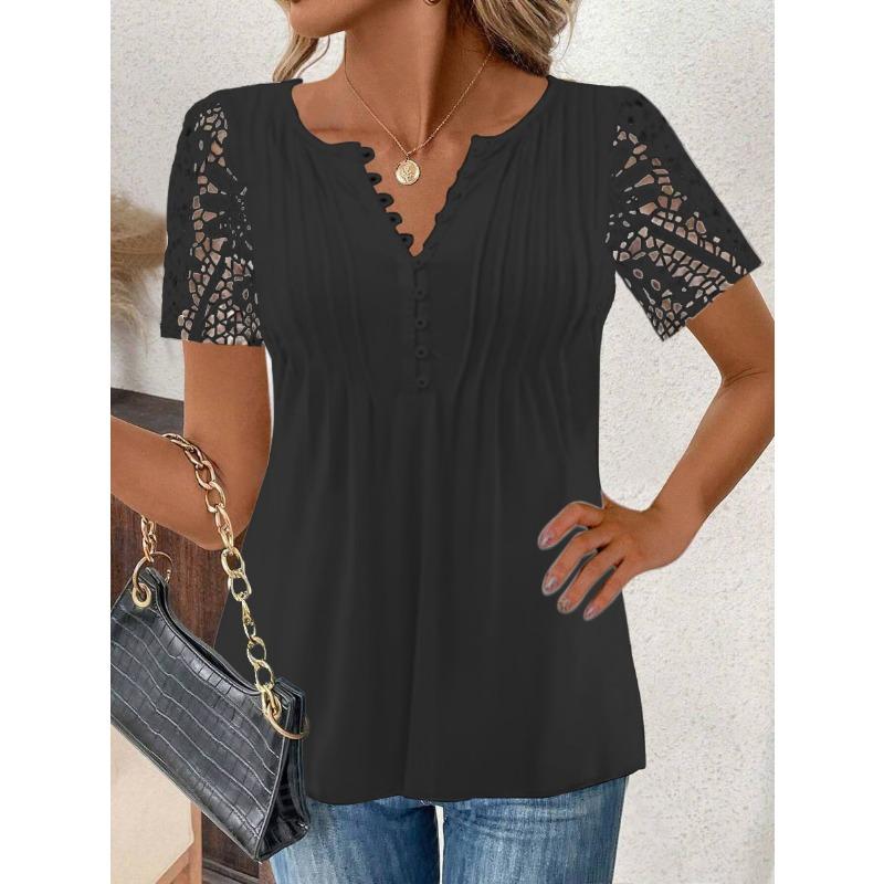 Summer T-shirt Fashion Women's Lace Lace Sleeves T-shirts Crimp Loose Solid Color Casual Printed Button Short Sleeve Tops
