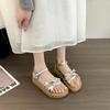 Fashion Platform Roman Sandals New Summer Round Toe Open Toe Bow Rhinestone Soft Slip Sport Strap Flat Beach Shoes