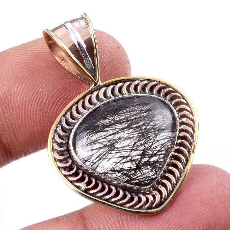 Natural Black Rutile 925 Solid Sterling Silver TwoTone Gift Pendant 1.50" w8Y18