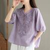 Women Summer Tops V-neck Half Sleeve Embroidery Pattern Pullover Tops Solid Color Loose Fit Commuting Style