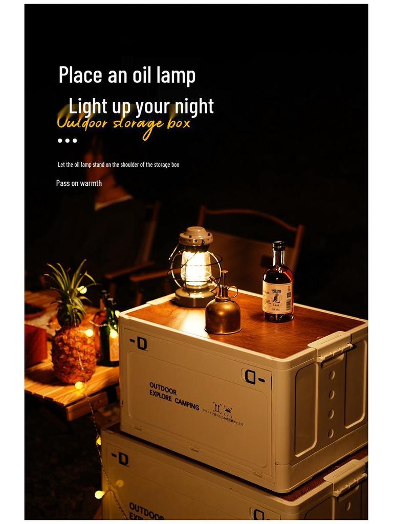 Portable Wheeled Camping Storage Box with Wooden Lid and Side-Opening Access