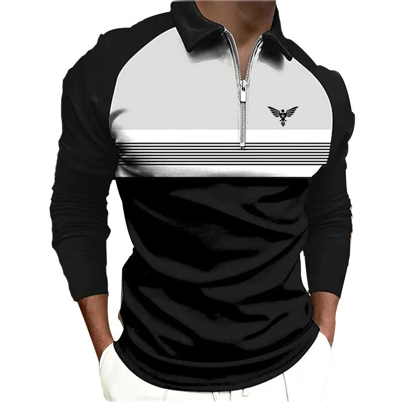 Men Fashion Spring Autumn Casual Long Sleev Zipper Polo Shirt , Men Spell Color Golf Polo Shirt Tops .