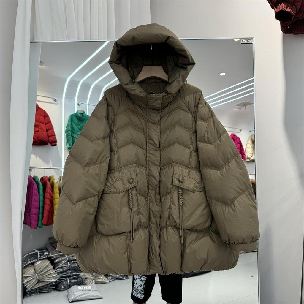 Women's Mid-Length Down Jacket - Plus Size, Hooded, Slimming, Winter 2026 Arrival, Loose Fit, White Duck Down.