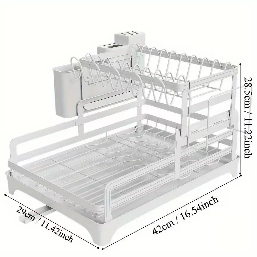 2 Tier Dish Rack with Drainboard Kitchen Dish Bowl Drainer Storage Rack Countertop Dinnerware Organizer Knife Fork Cup Holder