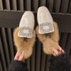 Fashion Aphixta Crystal Buckle Dec Warm Winter Real Rabbit Fur Plush Women Slippers Furry Mules Shoes Square Toe Square Heel Hair Slides