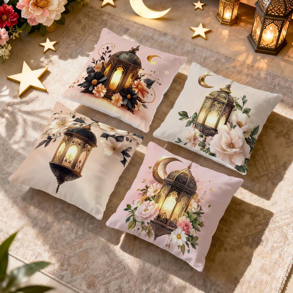 4 Pcs Moon Lantern Flowers Single-Sided Printed Pillowcase Cushion Cover,Suitable For Living Room,Bedroom,Car Decoration