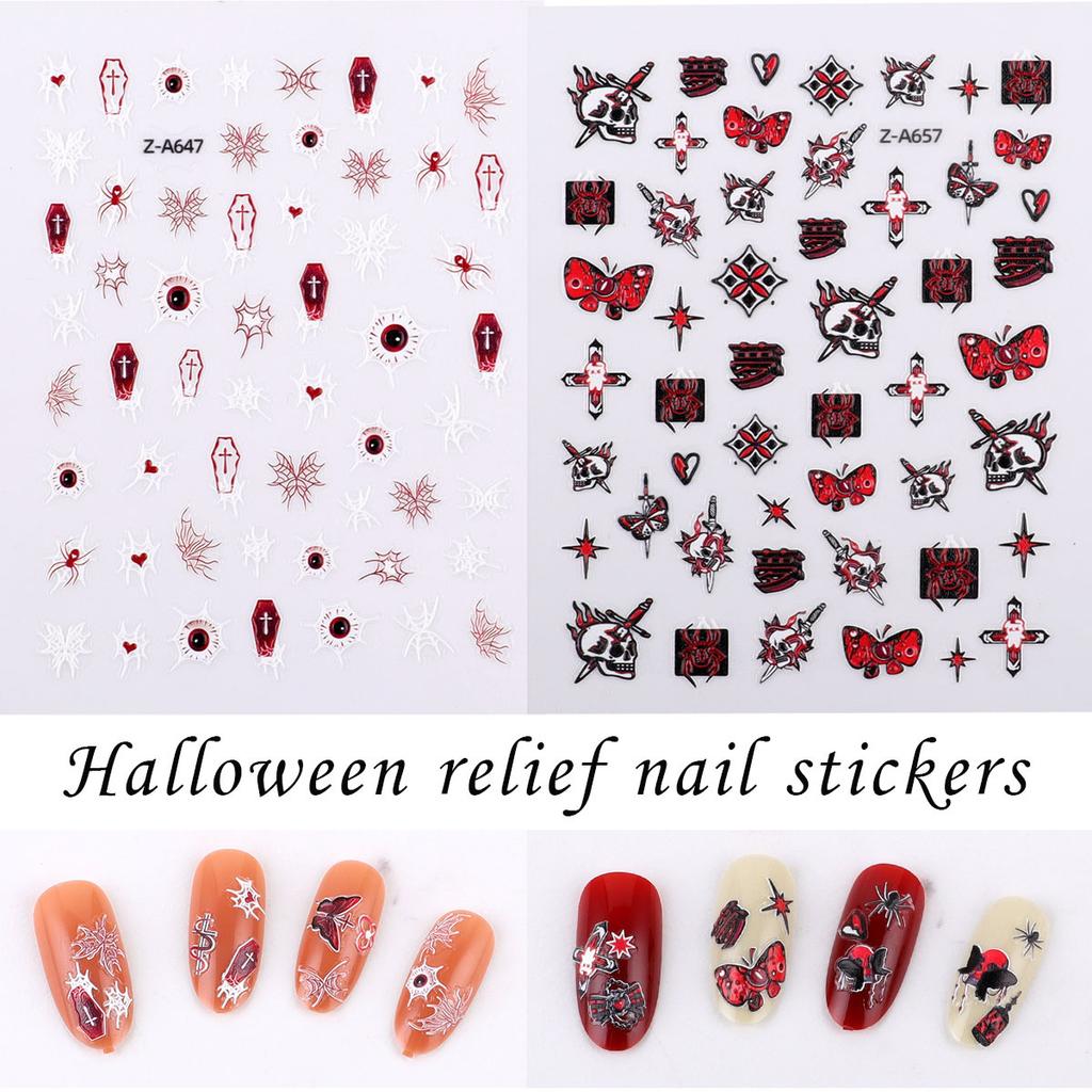 5D Embossed Nail Art Sticker Halloween Cartoon Spider Web Ghost Pumpkin Lantern Nail Adhesive Sticker