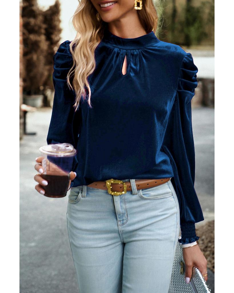 Azura Exchange Небесно-голубая огненная бархатная блузка с воротником-стойкой и рукавами-фонариками