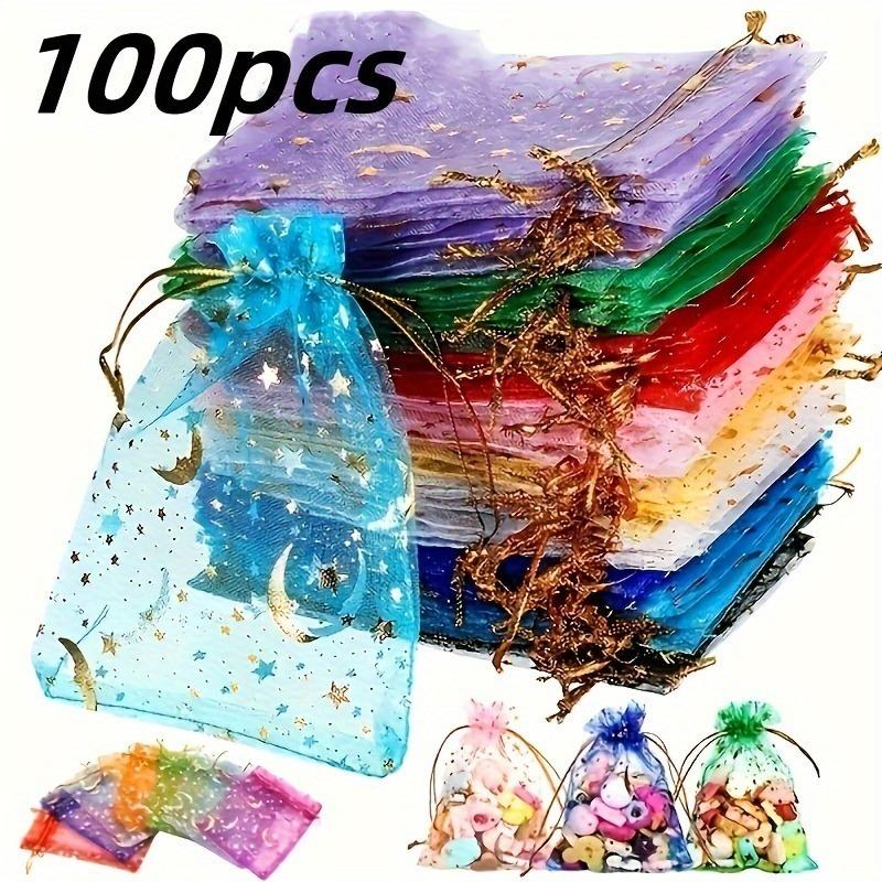 100pcs Moon Star Drawstring Organza Bag, Mixed Color Jewelry Pouch Gift Candy Bag, Valentine's Day Christmas Gift Package Display Storage Bag