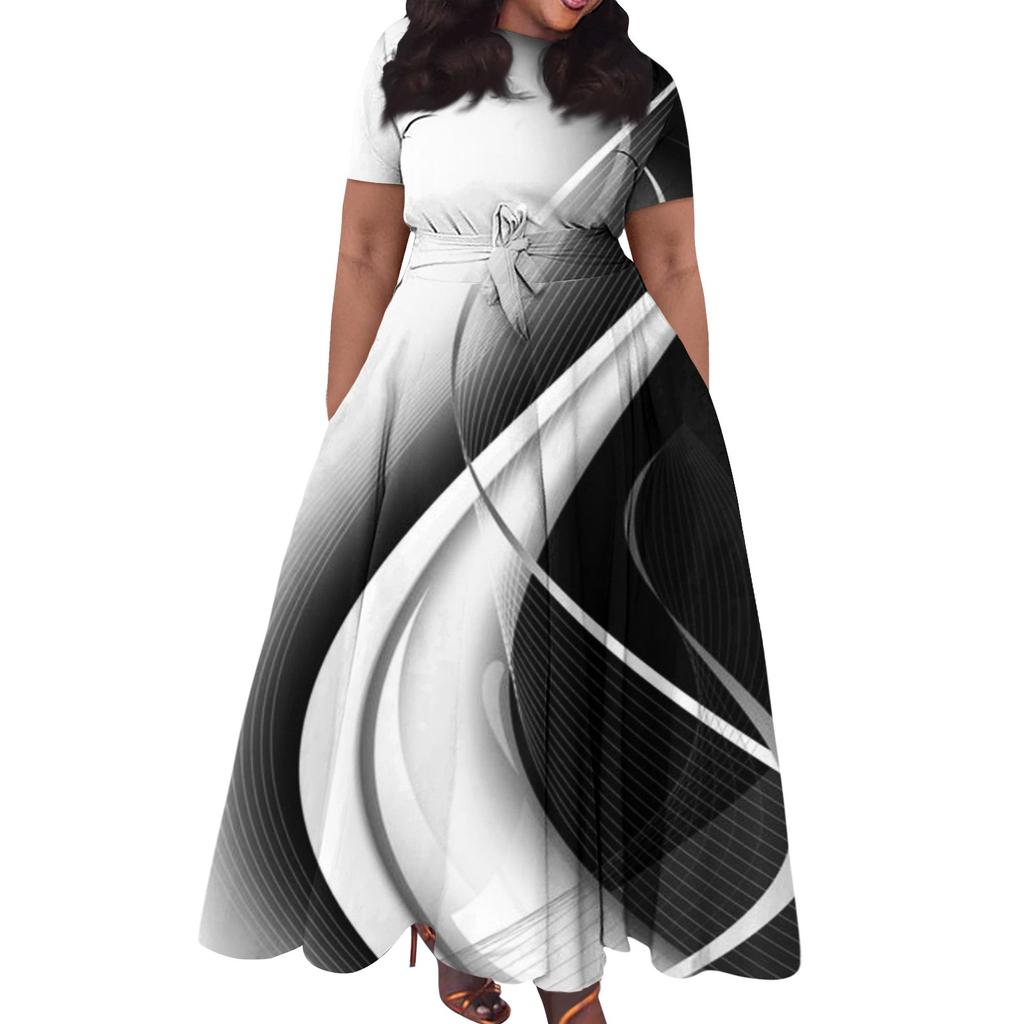 Women's Casual Fashion Large Size Print Round Neck Short Sleeve Pocket Straps Swing Dress