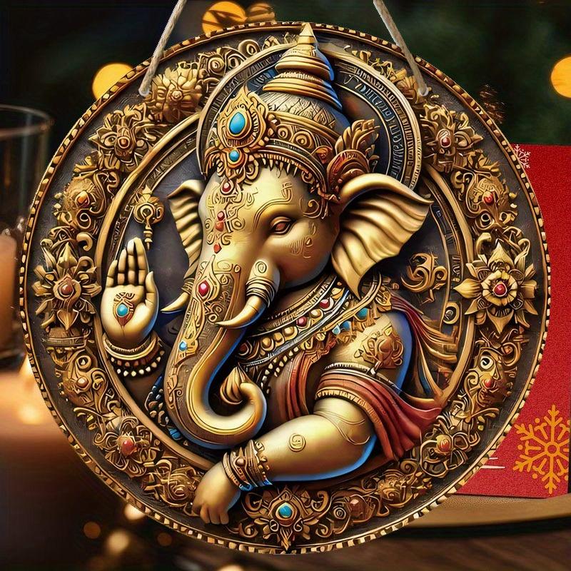 Wooden Ganesha Wall Hanging, Classic 2D Elephant-Headed God with Floral Design, for Door, Wall, Home, Room, Farmhouse, Street, Shop, Garage, Garden