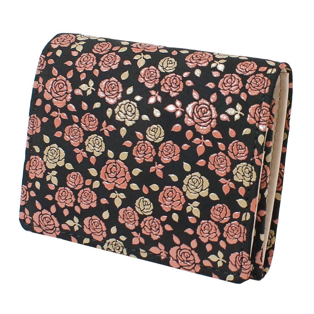 Inden Wallet with Coin Rose Black Background X White Pink Lacquer 8403 [Indenya] Bi-fold Box-type Purse, Deerskin, Kaguwa, Petite,