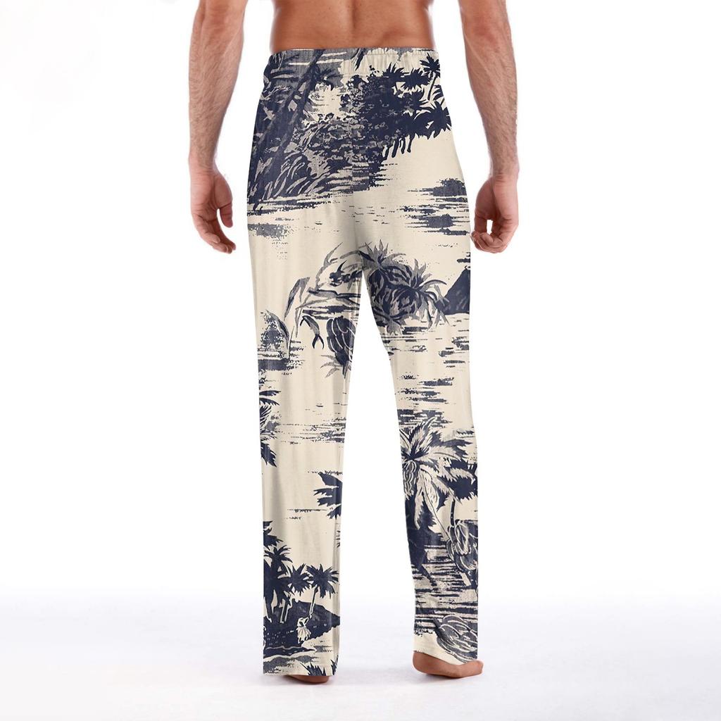 Мужские мягкие домашние пижамные штаны с гавайским принтом, повседневные спортивные штаны с завязками
