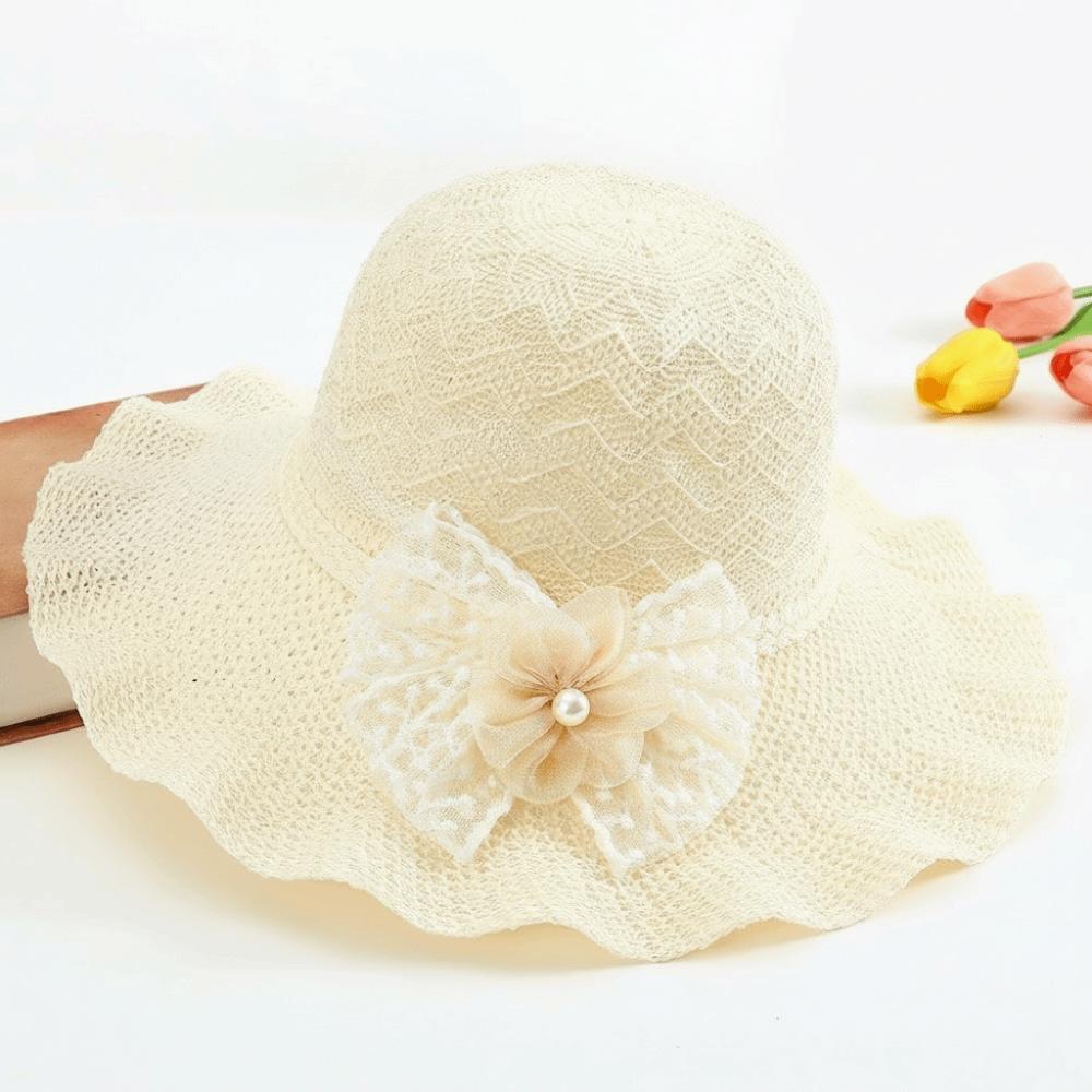 Lace Bow Wide Brim Knitted Hat Solid Color Beach Sun Hat Fashion UV Protection Cap Travel
