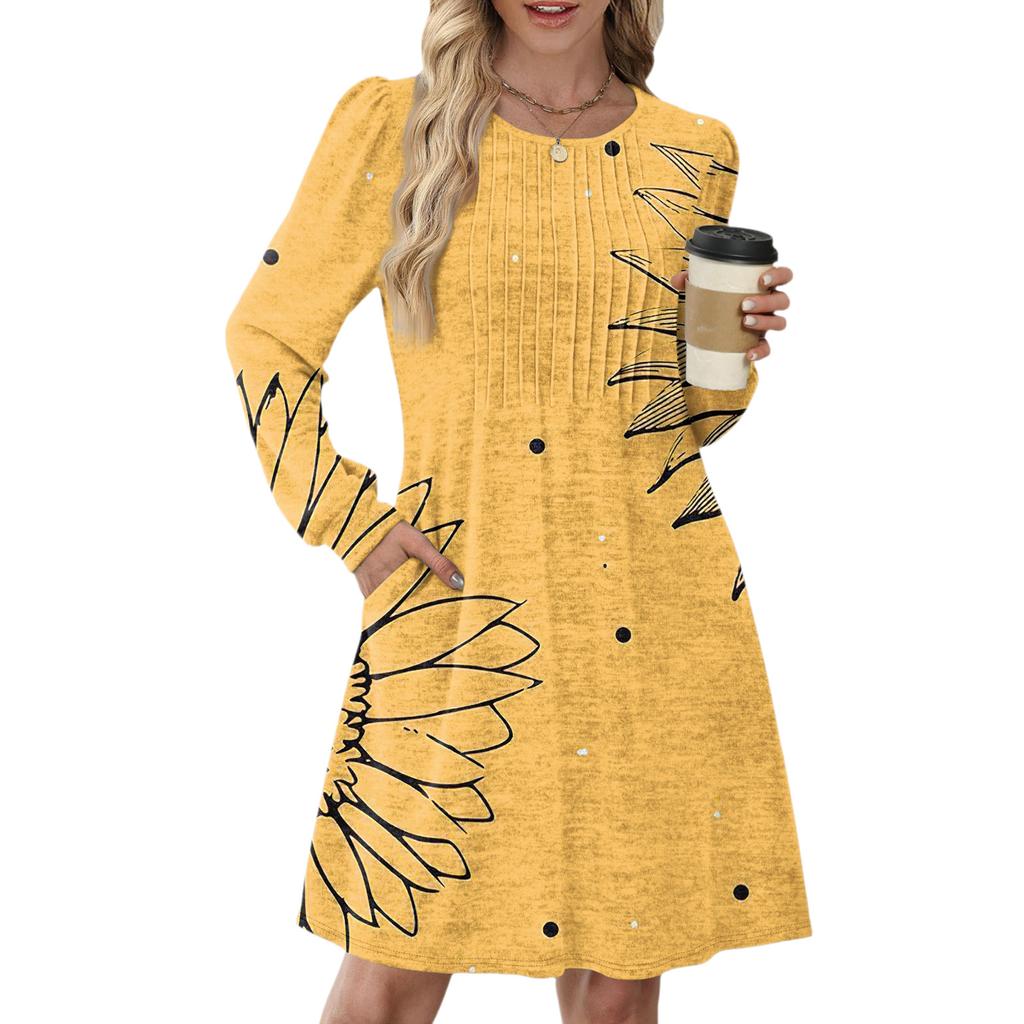 Женское повседневное платье с длинным рукавом, плиссировкой, круглым вырезом, винтажным цветочным принтом и карманами