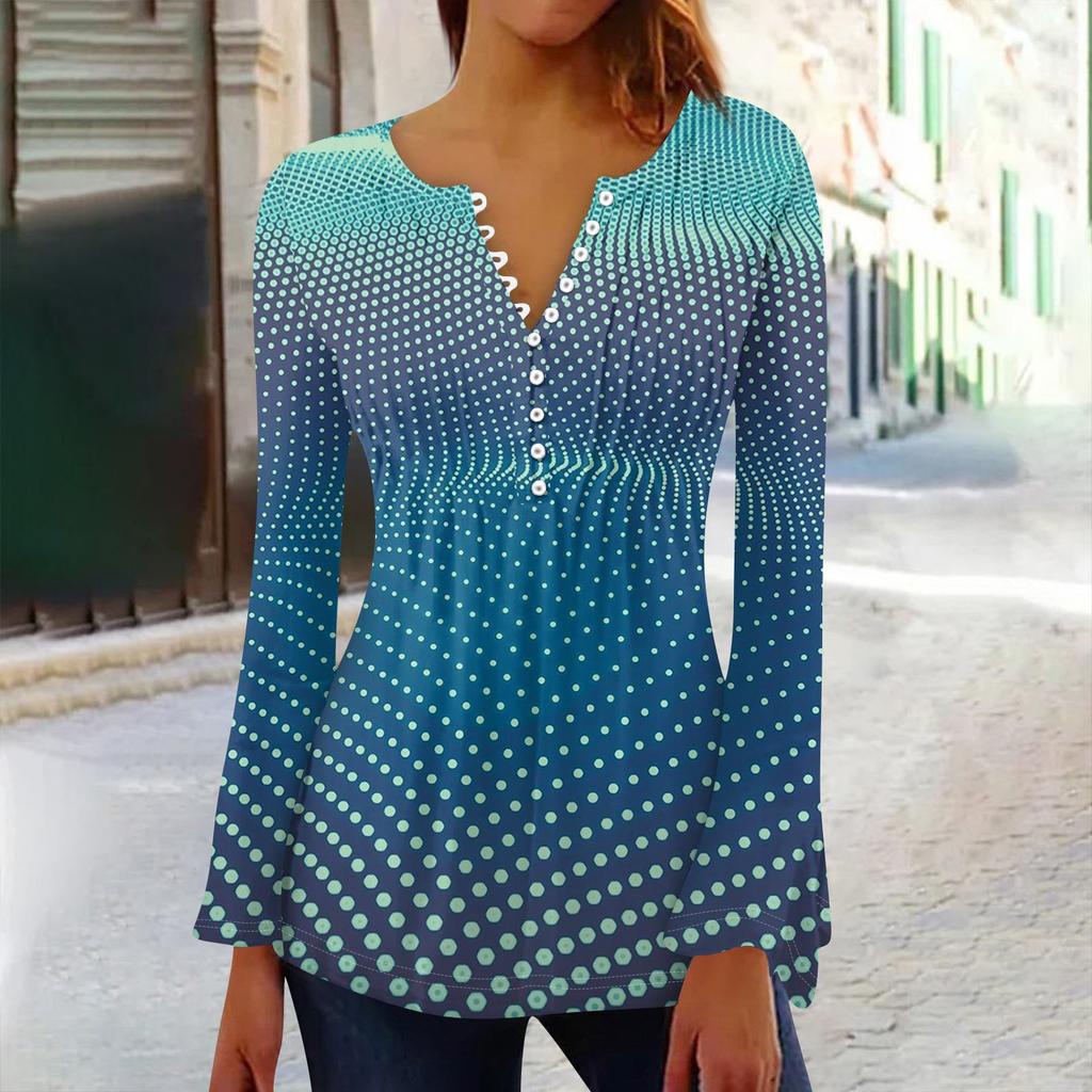 Женская плиссированная футболка на пуговицах с v-образным вырезом и длинными рукавами с цветочным принтом, топы