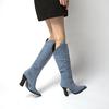 Fashion 2024Denim Blue Square Toe Thick Heel Boots Woman Autumn Slip-On Knee Knight Western Cowboy Boots Fashion Shoes for Women Boots