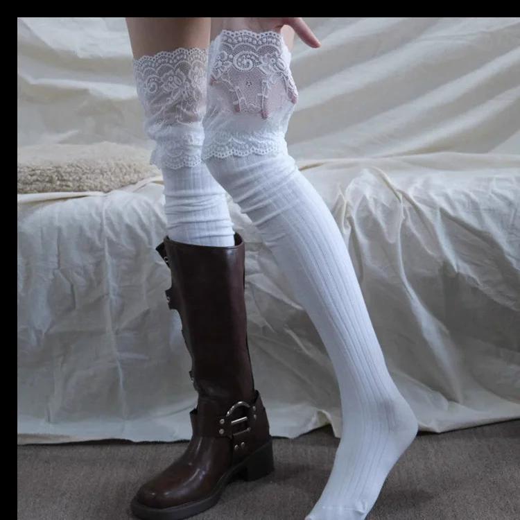 Однотонные сексуальные кружевные высокие чулки для женщин и девочек, чулки выше колена, теплые носки в стиле Лолиты для женщин и девочек
