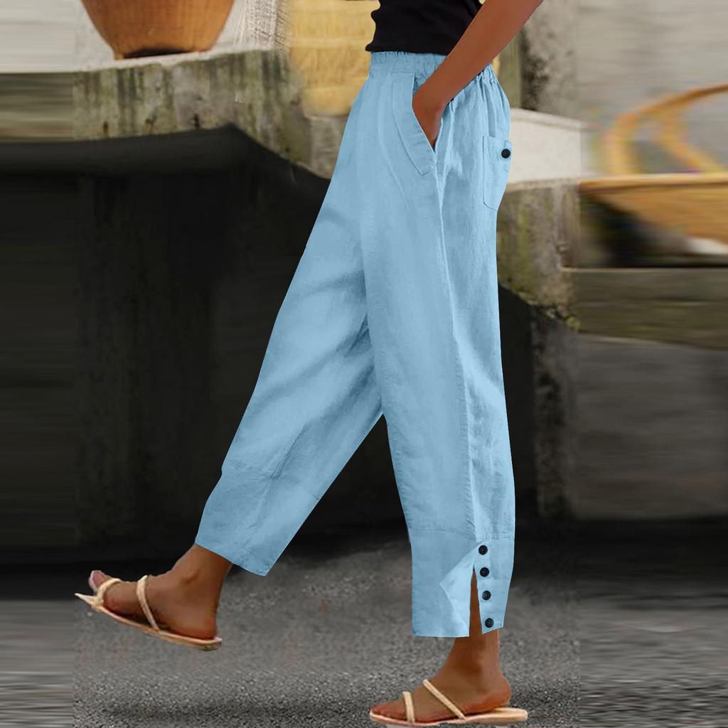 Женские летние модные свободные повседневные однотонные брюки из хлопка и льна с разрезом на пуговицах и карманами