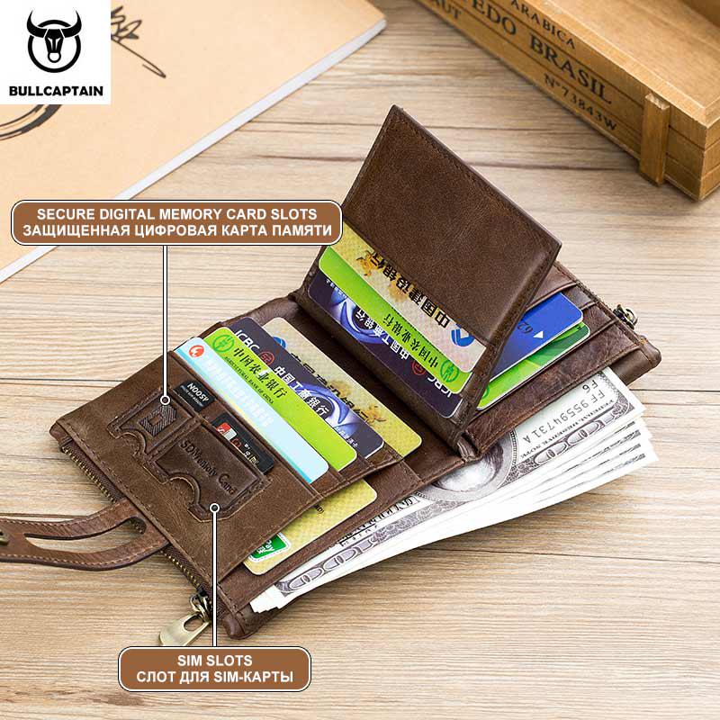 BULLCAPTAIN Натуральная кожа RFID мужской кошелек кредитные визитницы двойная молния кожаный кошелек Carteira 021