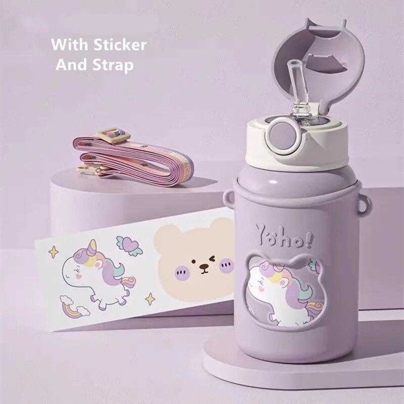 450ml Kids Thermos Mug with Straw 304 Stainless Steel Cup Cartoon Vacuum Flask Children Cute Thermal Water Bottle Household Straw Cup Insulation Cup