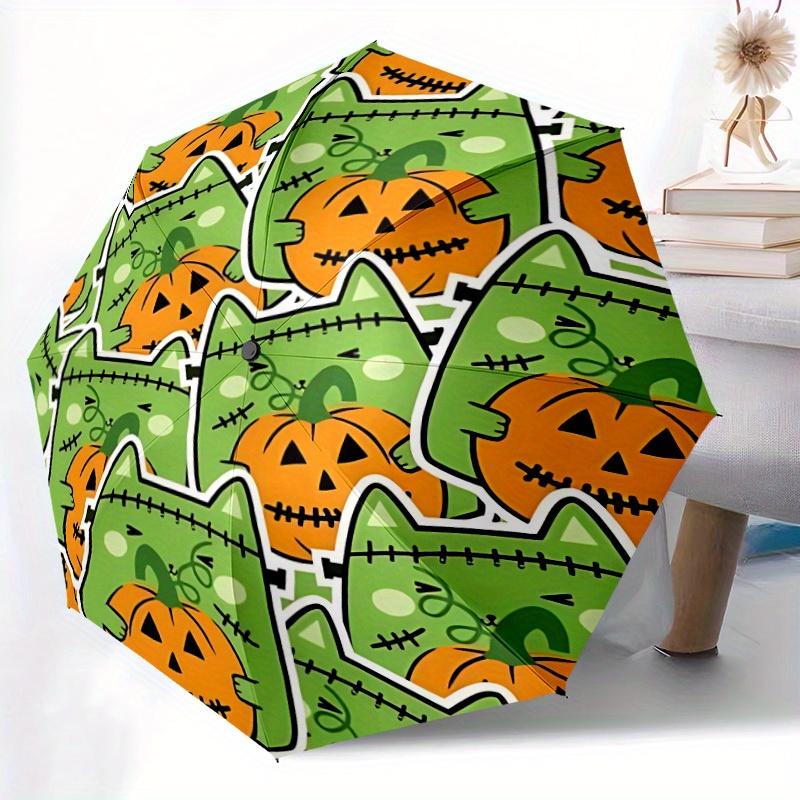 1pc Halloween Cats Automatic Open/Close Umbrella with One-Touch Button, Compact Folding Canopy, Sturdy 8-Rib Windproof Design -114