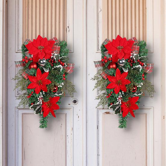 Рождественский венок с красным цветком, клетчатый шар с бантом, многоразовый праздник, внутреннее наружное окно, передняя дверь, подвесная искусственная гирлянда, лестница
