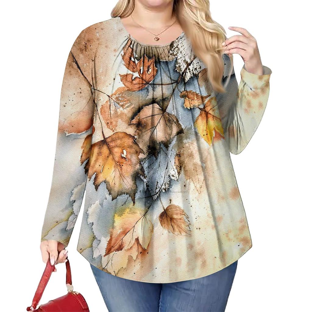 Women's Plus Size Fashion Printed Casual Pleated Round Neck Long Sleeve Top