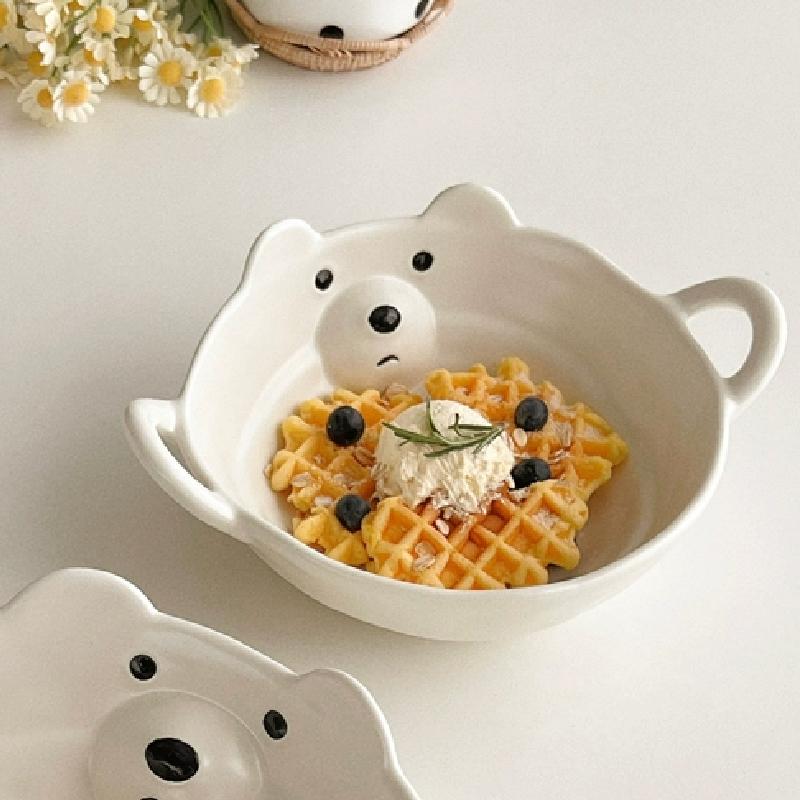 Необычная керамическая миска Милый маленький медведь и свинья Керамическая посуда Миска для завтрака с мультяшными хлопьями Йогуртовая миска Бытовая бинауральная миска