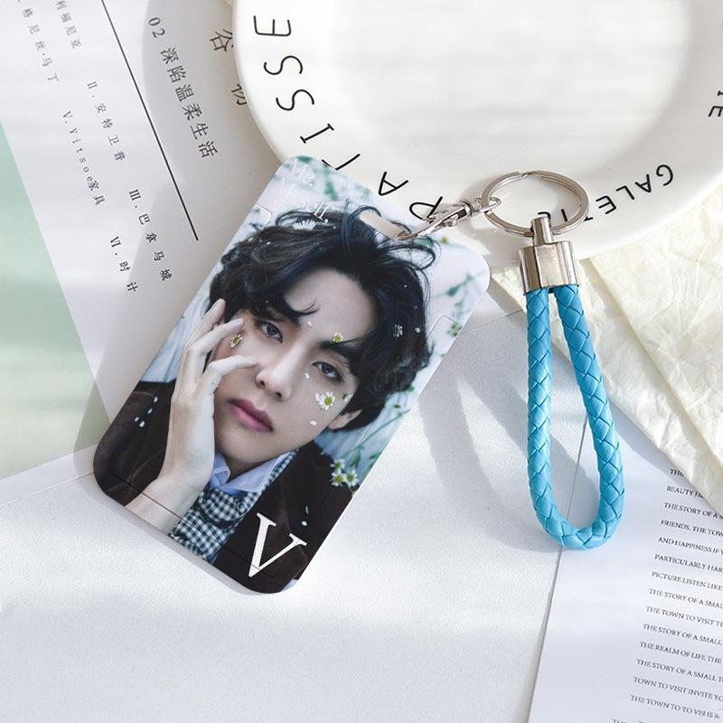 BTS Sliding Photocard Holder, Protective ID Badge Card Case with Braided Keychain Strap, Student Campus Bus Meal Card Protector Merch for ARMY