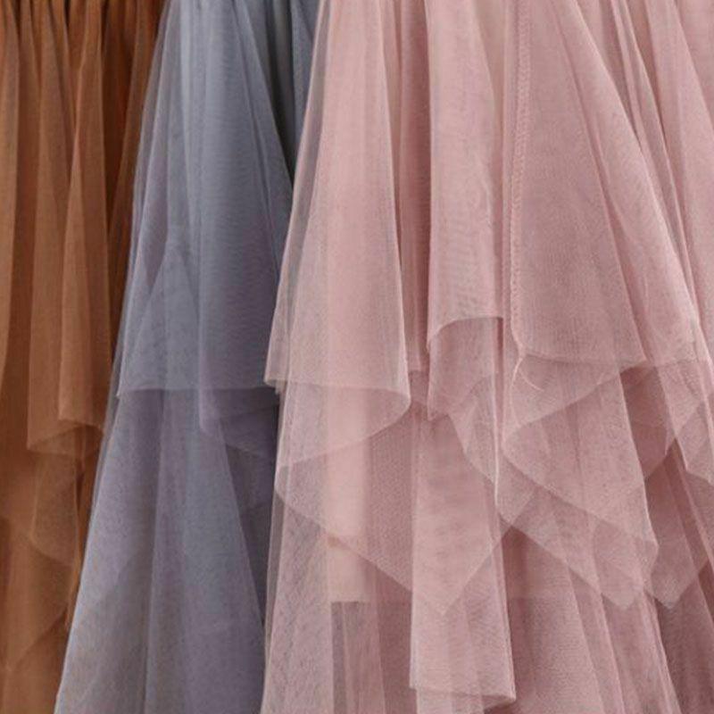 Женская мода Асимметричная высокая талия с оборками Сетчатая пачка из тюля Длинная юбка-миди Черный, белый, розовый