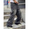 Loose Fit Straight Leg Denim Jeans Men Water Washed Casual Hip Hop Style Cotton Blend High Waist