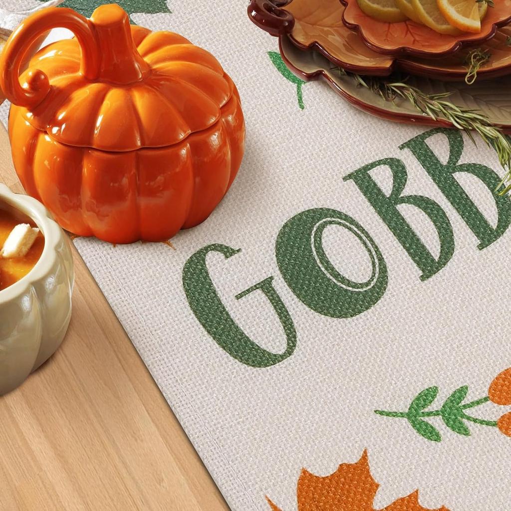 Bonhause Gobble Turkey Thanksgiving Table Runner 13x72 Inch Fall Autumn Maple Leaves Harvest Kitchen Dinning Table Decoration for Indoor Outdoor Home