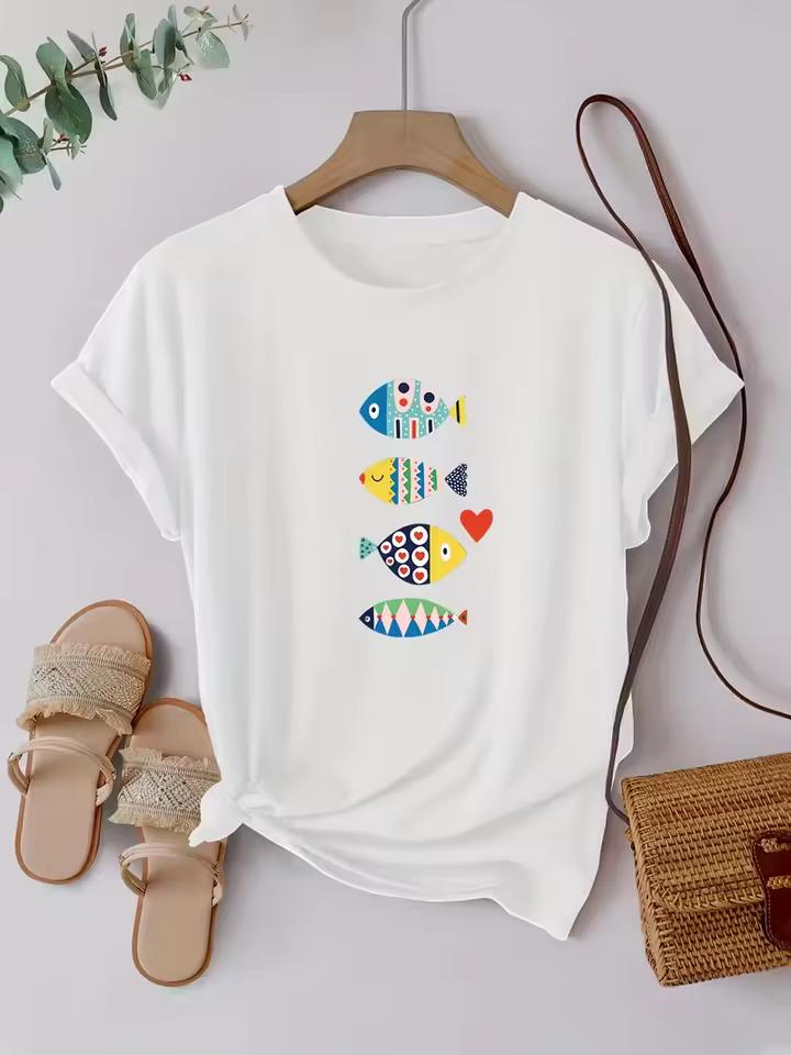 Women's Casual Short Sleeve T-Shirt Colorful Cartoon Fish Pattern Print Round Neck Top, Breathable Tee, All-Match for Daily Wear