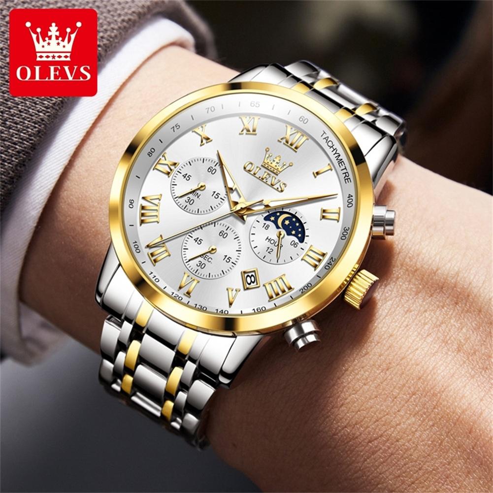 Multifunctional Men's Watches Chronograph Quartz Watch Moon Phase Calendar Luminous Waterproof Watch for Men
